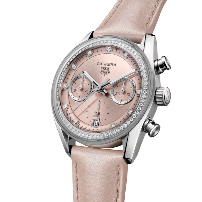 TAG Heuer Carrera Chronograph Automatik Edelstahl 39mm rosa Zifferblatt mit Diamanten rosa Lederband Ansicht