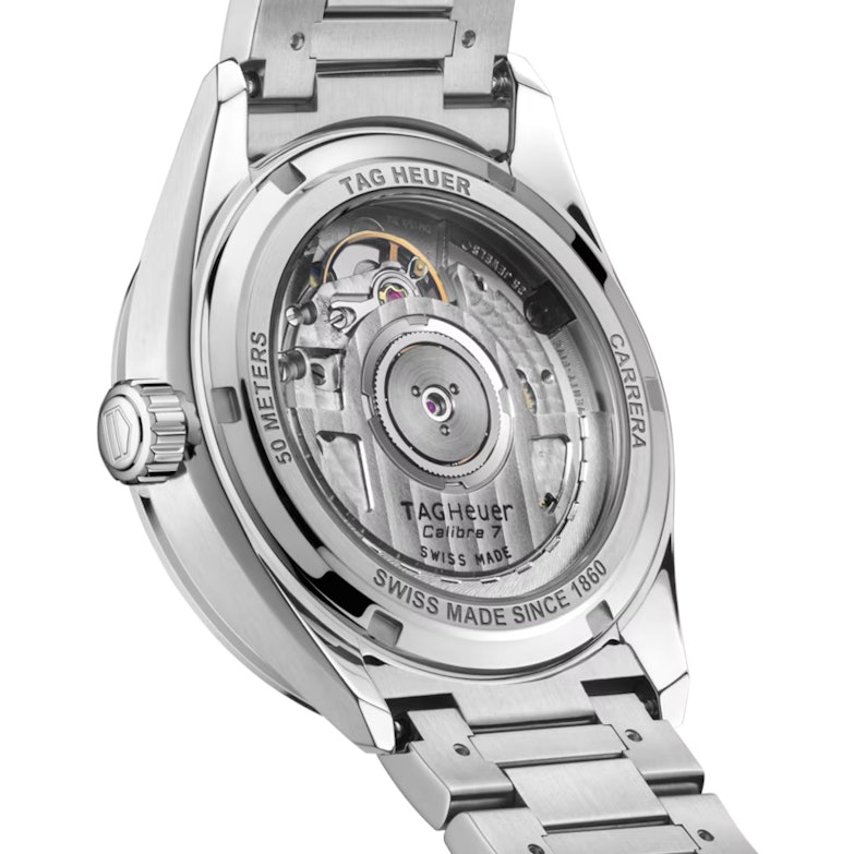 TAG Heuer Carrera Date Automatik Edelstahl 36mm fliederfarbenes Zifferblatt mit Brillanten Metallband Rückseite