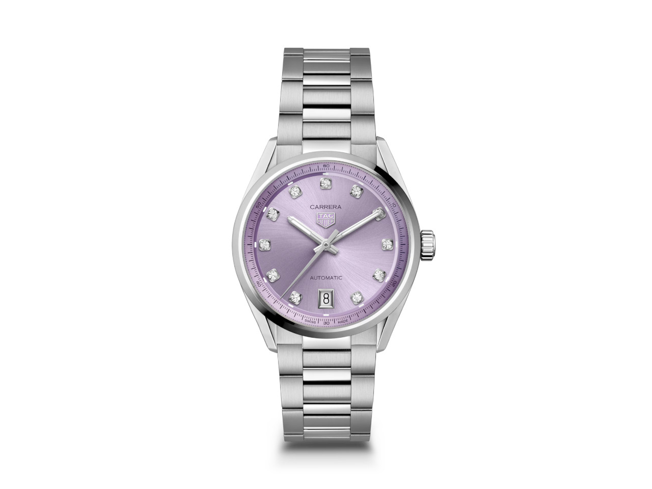 TAG Heuer Carrera Date Automatik Edelstahl 36mm fliederfarbenes Zifferblatt mit Brillanten Metallband