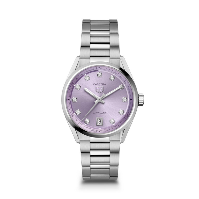 TAG Heuer Carrera Date Automatik Edelstahl 36mm fliederfarbenes Zifferblatt mit Brillanten Metallband
