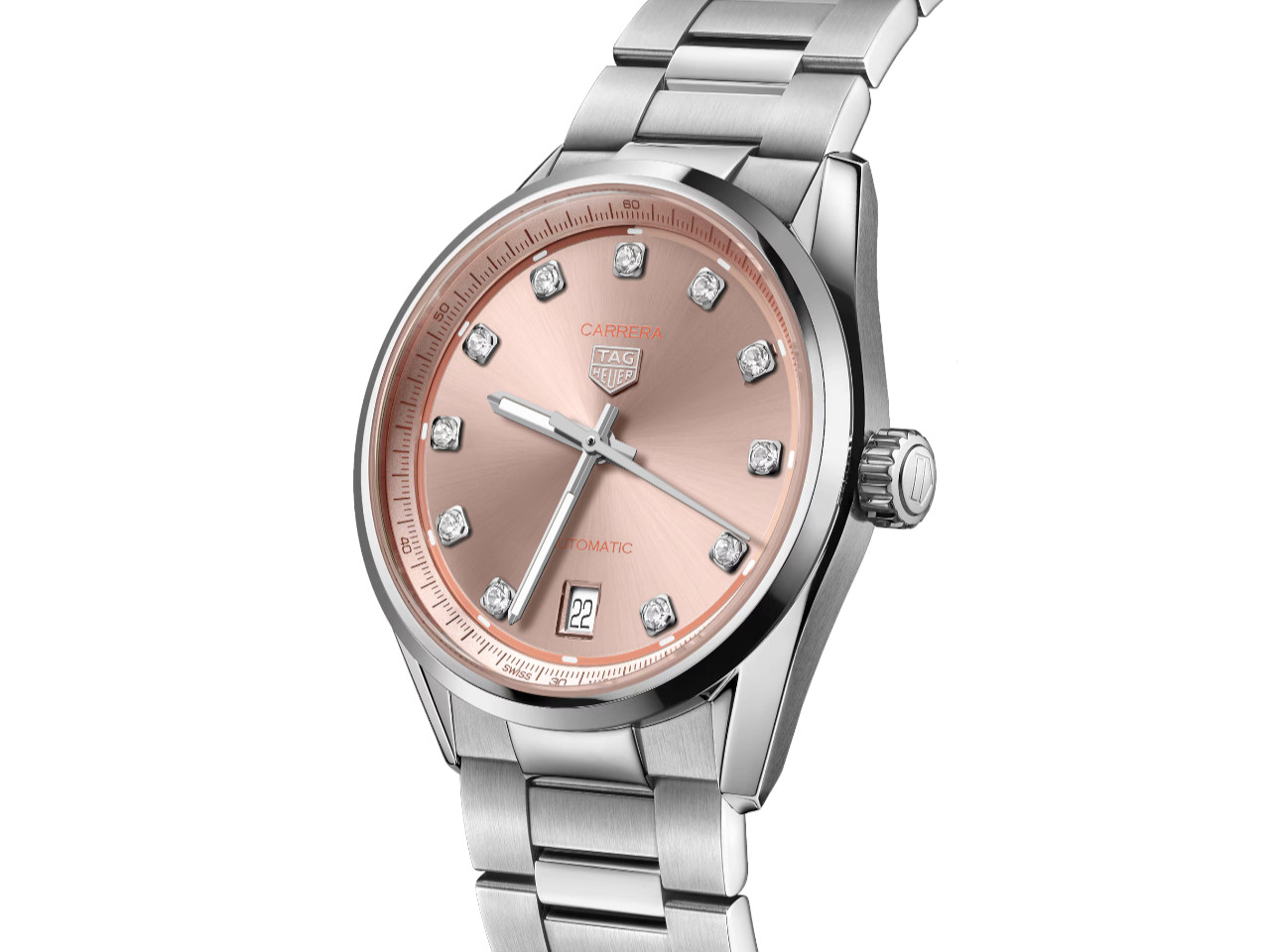TAG Heuer Carrera Date Automatik Edelstahl 36mm lachsfarbenes Zifferblatt mit Brillanten Metallband Ansicht
