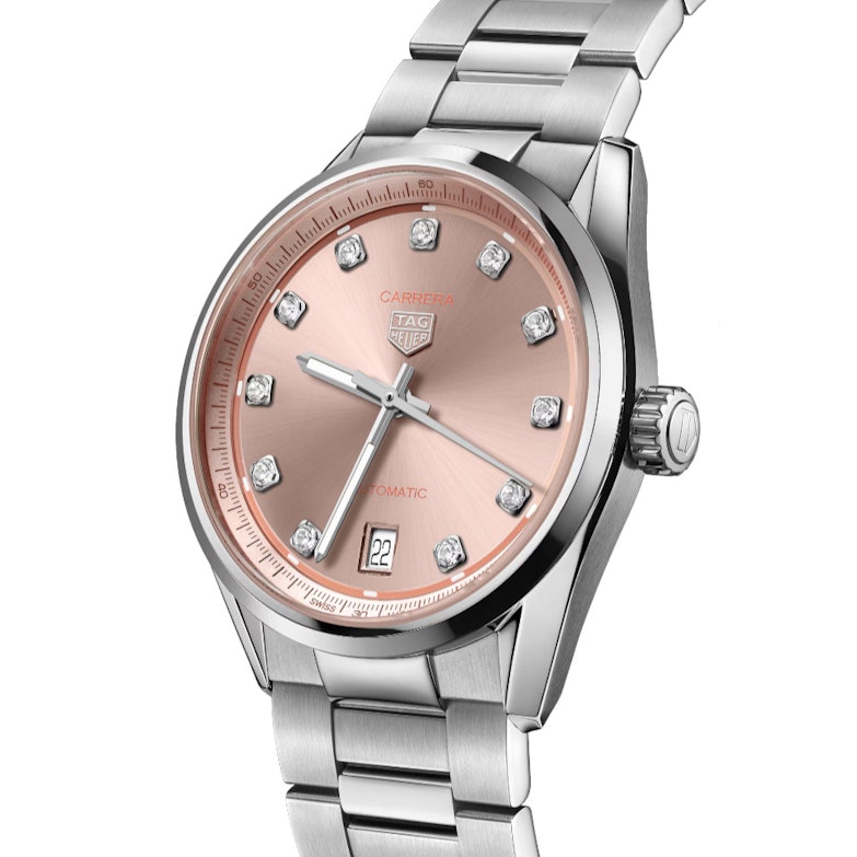 TAG Heuer Carrera Date Automatik Edelstahl 36mm lachsfarbenes Zifferblatt mit Brillanten Metallband Ansicht
