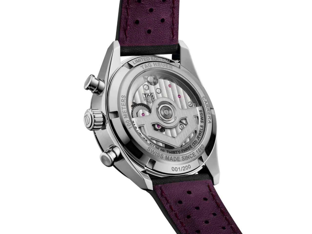 TAG Heuer Carrera Chronograph Tourbillon Limited Edition Automatik Edelstahl 42mm violettes Zifferblatt schwarzes Lederband Rückseite