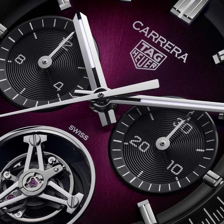 TAG Heuer Carrera Chronograph Tourbillon Limited Edition Automatik Edelstahl 42mm violettes Zifferblatt schwarzes Lederband Ansicht
