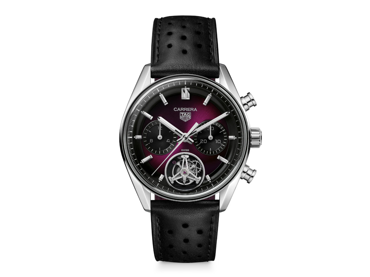 TAG Heuer Carrera Chronograph Tourbillon Limited Edition Automatik Edelstahl 42mm violettes Zifferblatt schwarzes Lederband