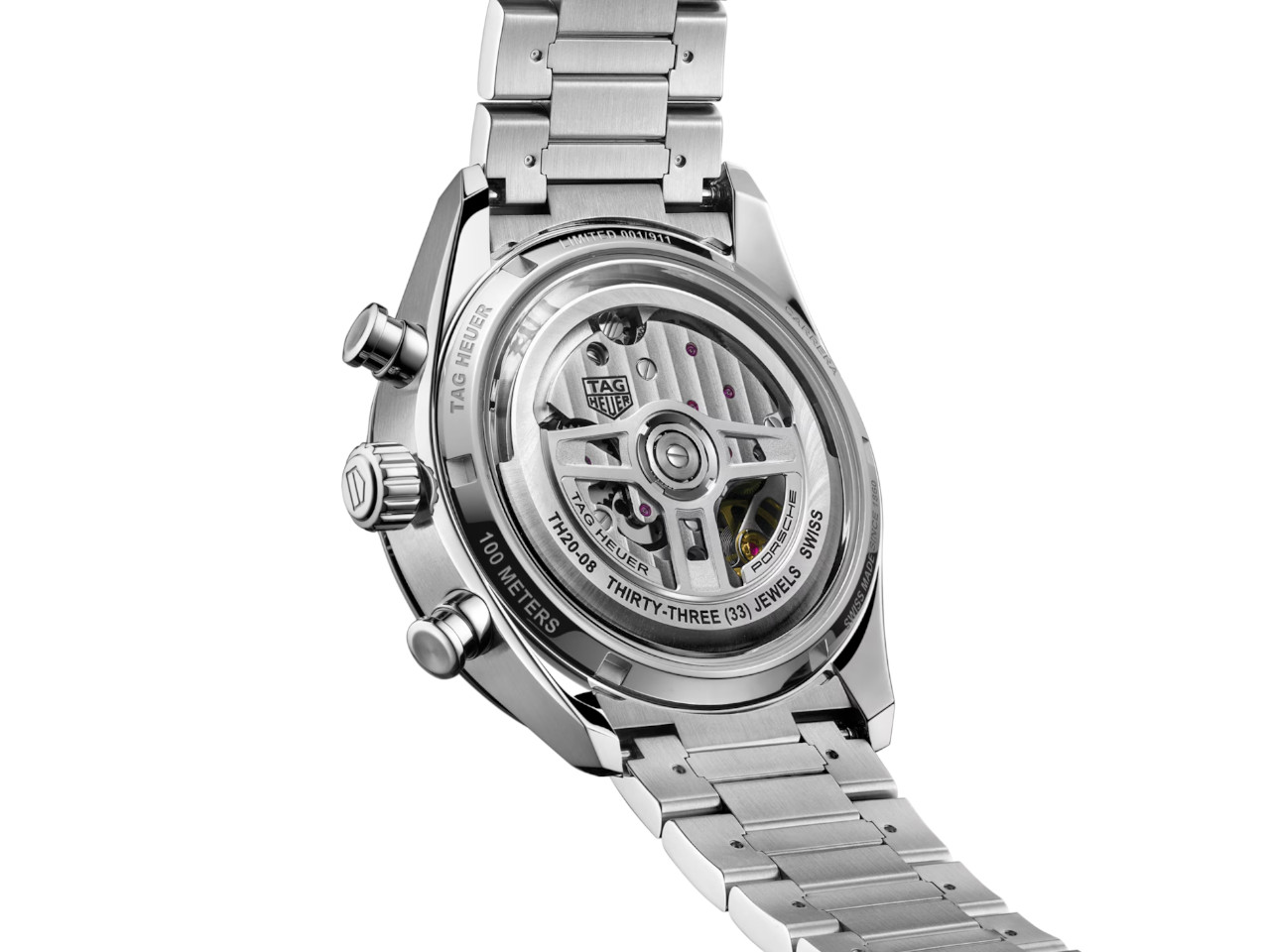 TAG Heuer Carrera Chronosprint X Porsche Rallye Limited Edition Automatik Edelstahl 42mm schwarzes Zifferblatt Metallband Rückseite