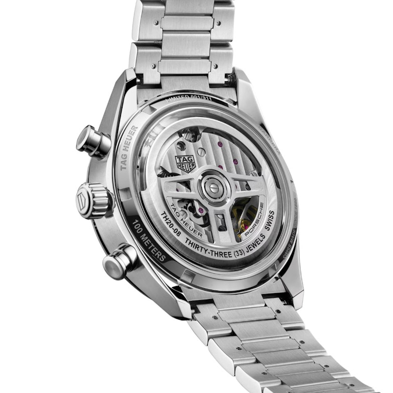 TAG Heuer Carrera Chronosprint X Porsche Rallye Limited Edition Automatik Edelstahl 42mm schwarzes Zifferblatt Metallband Rückseite