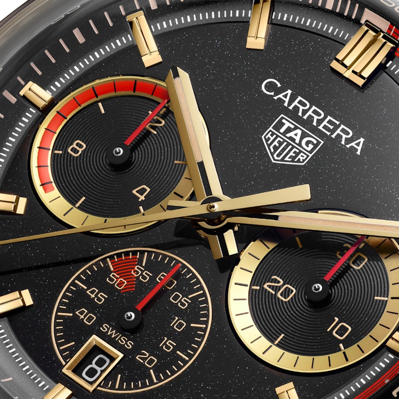 TAG Heuer Carrera Chronosprint X Porsche Rallye Limited Edition Automatik Gelbgold 42mm schwarzes Zifferblatt schwarzes Lederband Zifferblatt