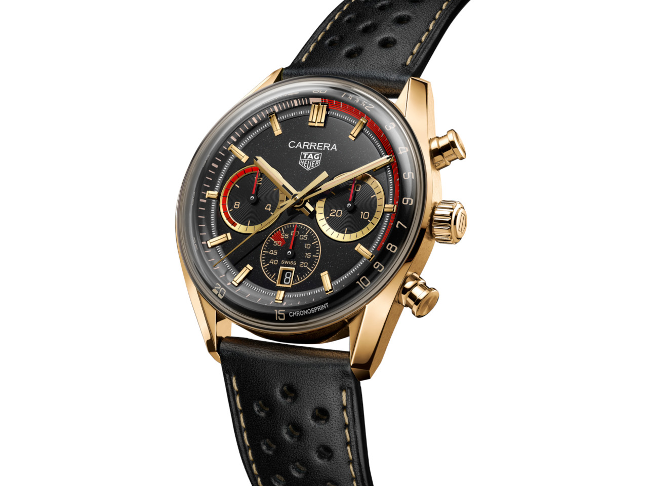 TAG Heuer Carrera Chronosprint X Porsche Rallye Limited Edition Automatik Gelbgold 42mm schwarzes Zifferblatt schwarzes Lederband Ansicht