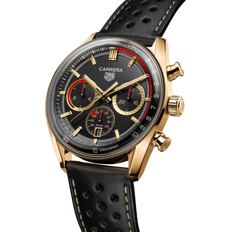 TAG Heuer Carrera Chronosprint X Porsche Rallye Limited Edition Automatik Gelbgold 42mm schwarzes Zifferblatt schwarzes Lederband Ansicht