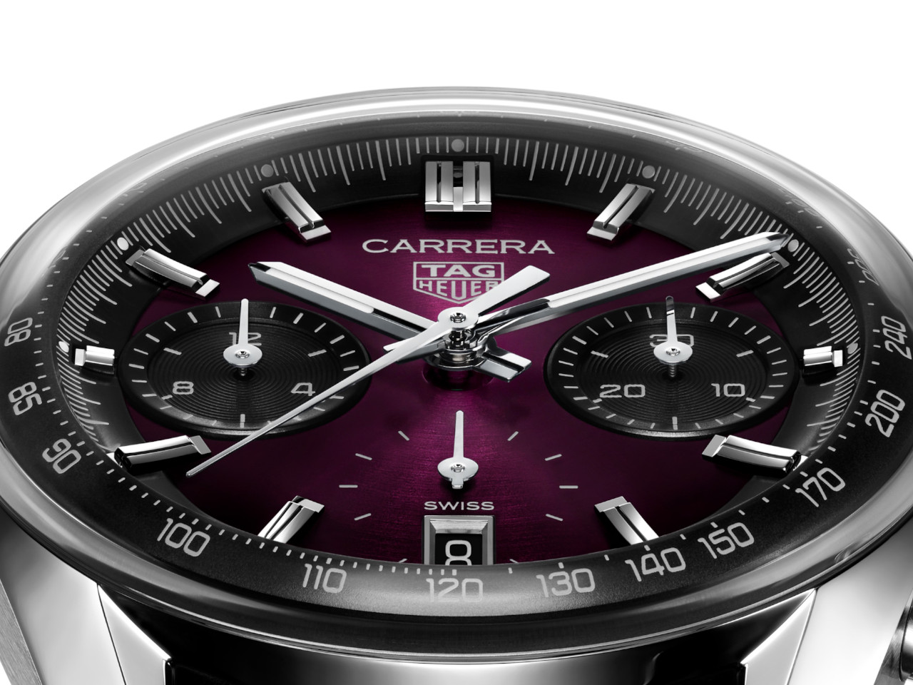 TAG Heuer Carrera Chronograph Automatik Edelstahl 39mm violettes Zifferblatt schwarzes Lederband Ansicht