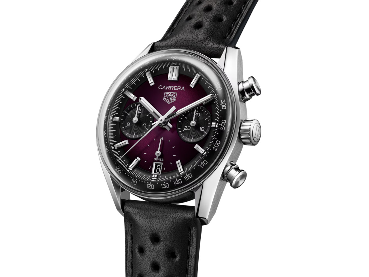 TAG Heuer Carrera Chronograph Automatik Edelstahl 39mm violettes Zifferblatt schwarzes Lederband