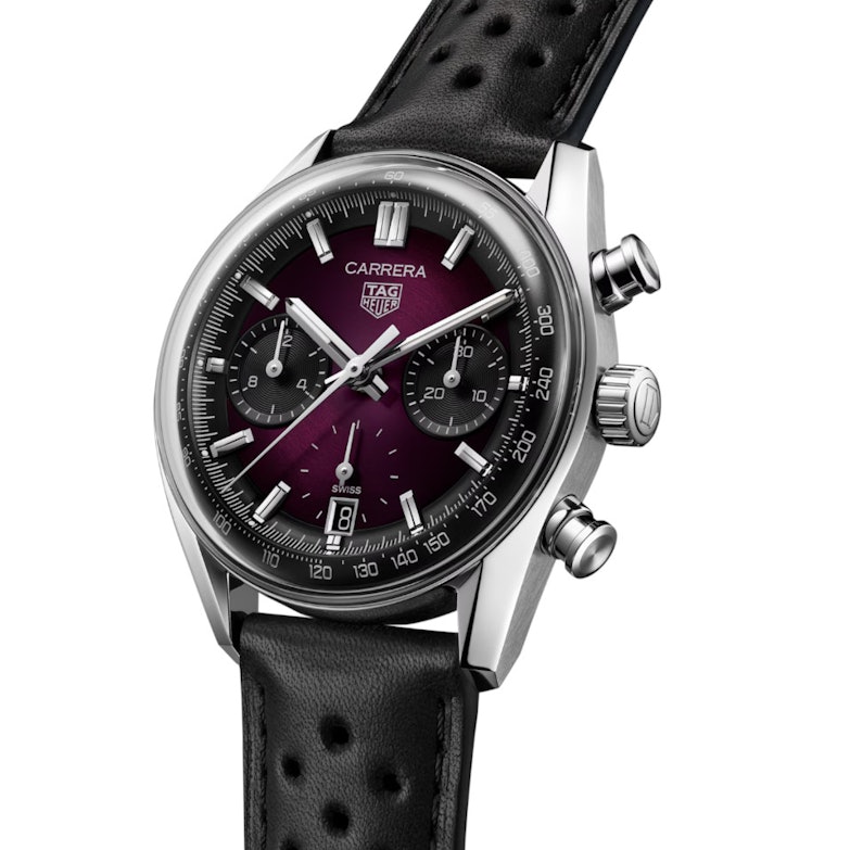 TAG Heuer Carrera Chronograph Automatik Edelstahl 39mm violettes Zifferblatt schwarzes Lederband