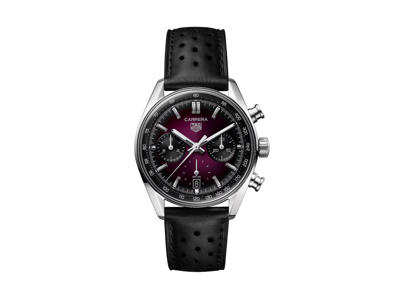 TAG Heuer Carrera Chronograph Automatik Edelstahl 39mm violettes Zifferblatt schwarzes Lederband