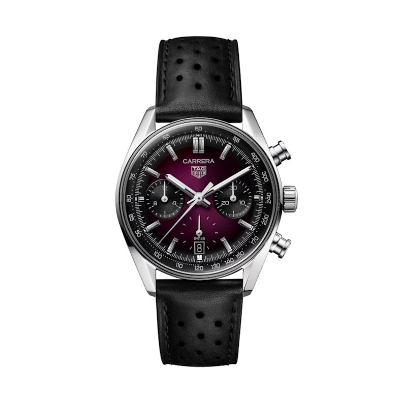 TAG Heuer Carrera Chronograph Automatik Edelstahl 39mm violettes Zifferblatt schwarzes Lederband