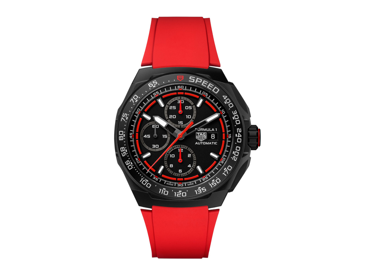 TAG Heuer Formula 1 Chronograph Automatik Titan 44mm Schwarz-DLC schwarzes Zifferblatt rotes Kautschukband