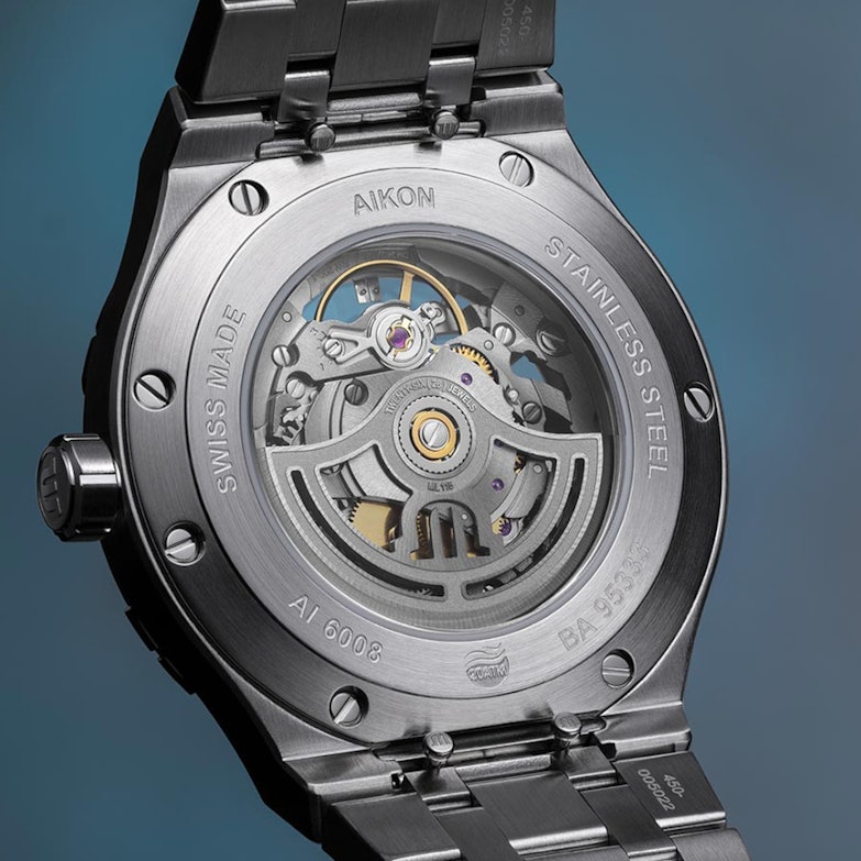 Maurice Lacroix Aikon Skeleton Automatik Edelstahl 42mm skelettiertes ZIfferblatt Metallband Gehäuserückseite