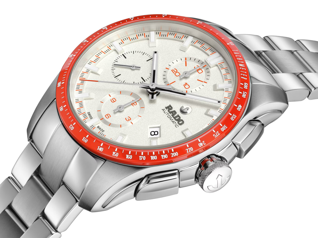 Rado HyperChrome Chronograph Automatik Edelstahl 44mm weißes Zifferblatt Metallband Ansicht