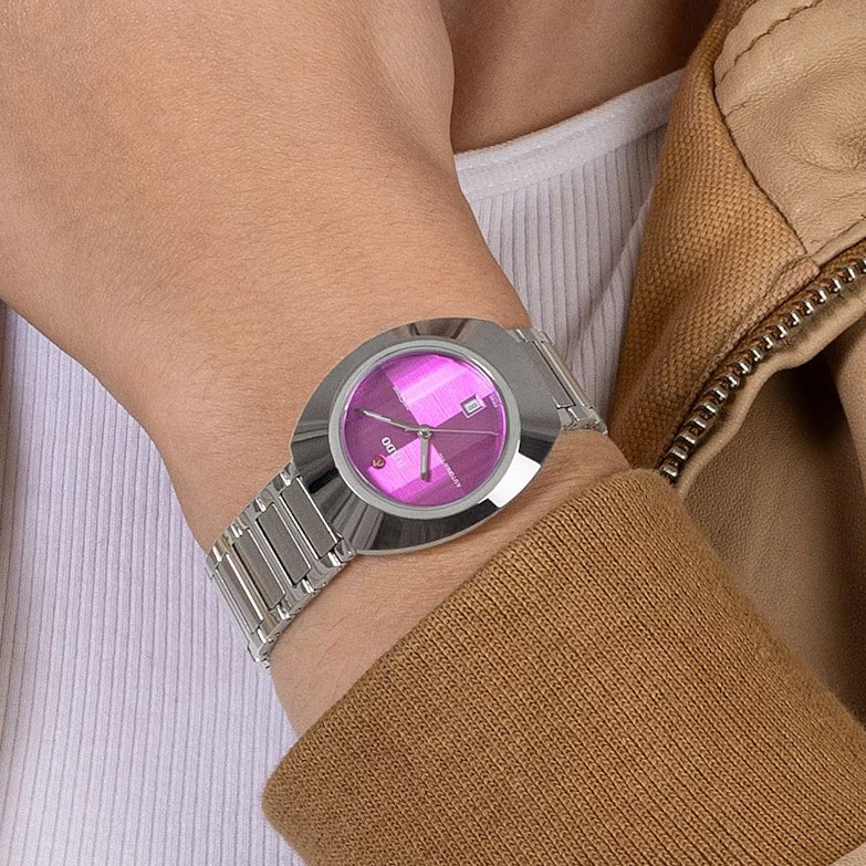 Rado DiaStar Original Automatik Ceramos 38mm lilanes Zifferblatt Metallband getragen