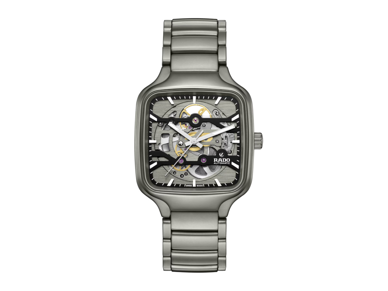 Rado True Square Skeleton Automatik Keramik 38mm skelettiertes Zifferblatt graues Keramikband