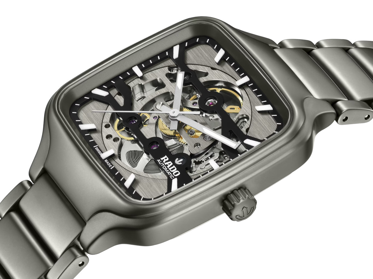 Rado True Square Skeleton Automatik Keramik 38mm skelettiertes Zifferblatt graues Keramikband Ansicht