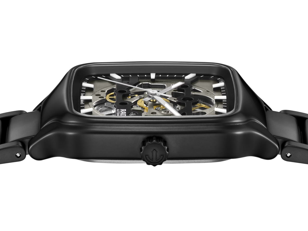 Rado True Square Skeleton Automatik Keramik 38mm skelettiertes Zifferblatt schwarzes Keramikband Seiteansicht