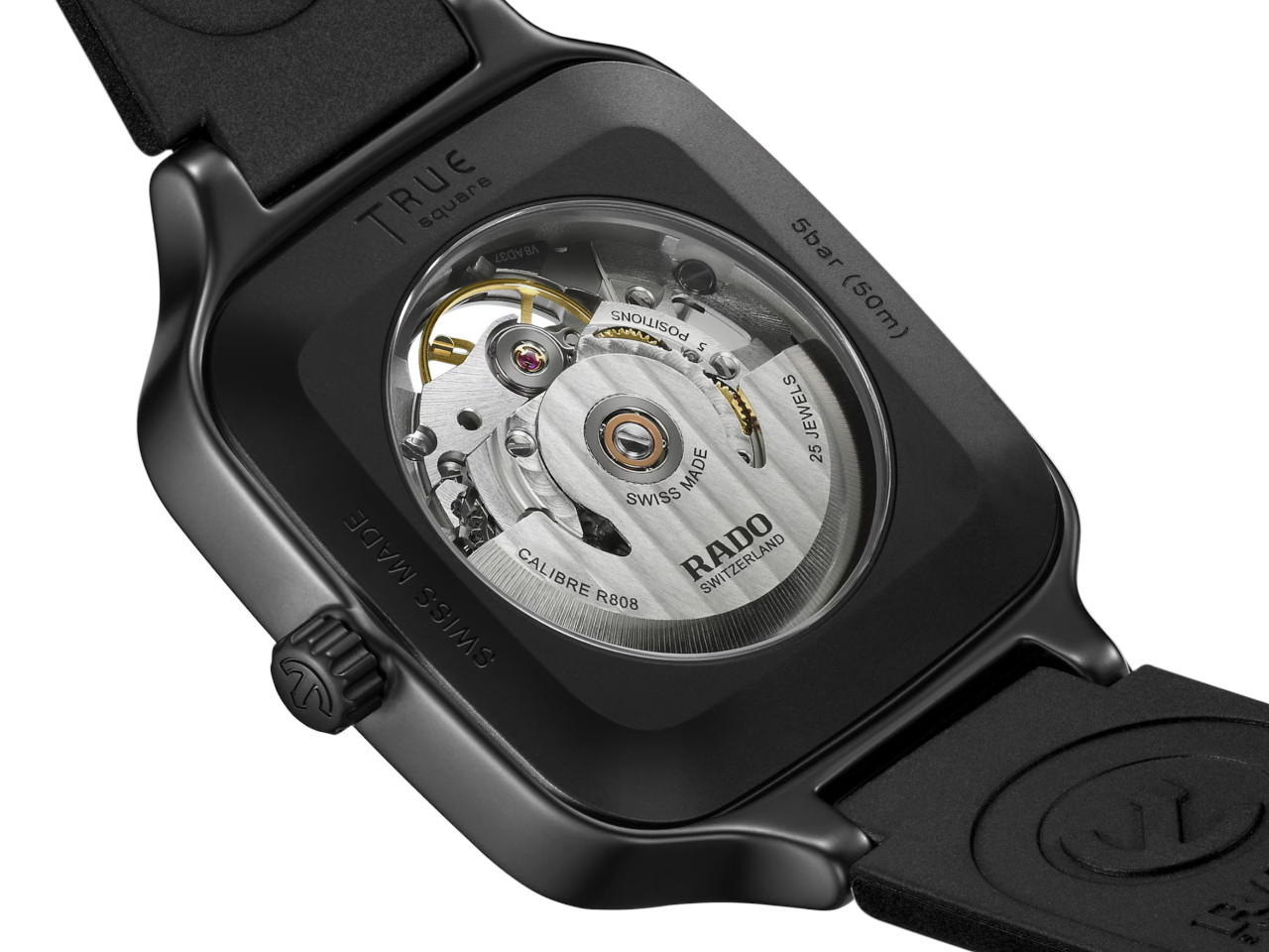 Rado True Square Skeleton Automatik Keramik 38mm skelettiertes Zifferblatt schwarzes Kautschukband Gehäuserückseite