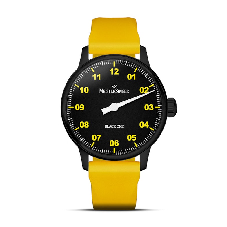 MeisterSinger Black One Limited Edition Automatik Edelstahl Schwarz-DLC 41,5mm schwarzes Zifferblatt gelbes Kautschukband