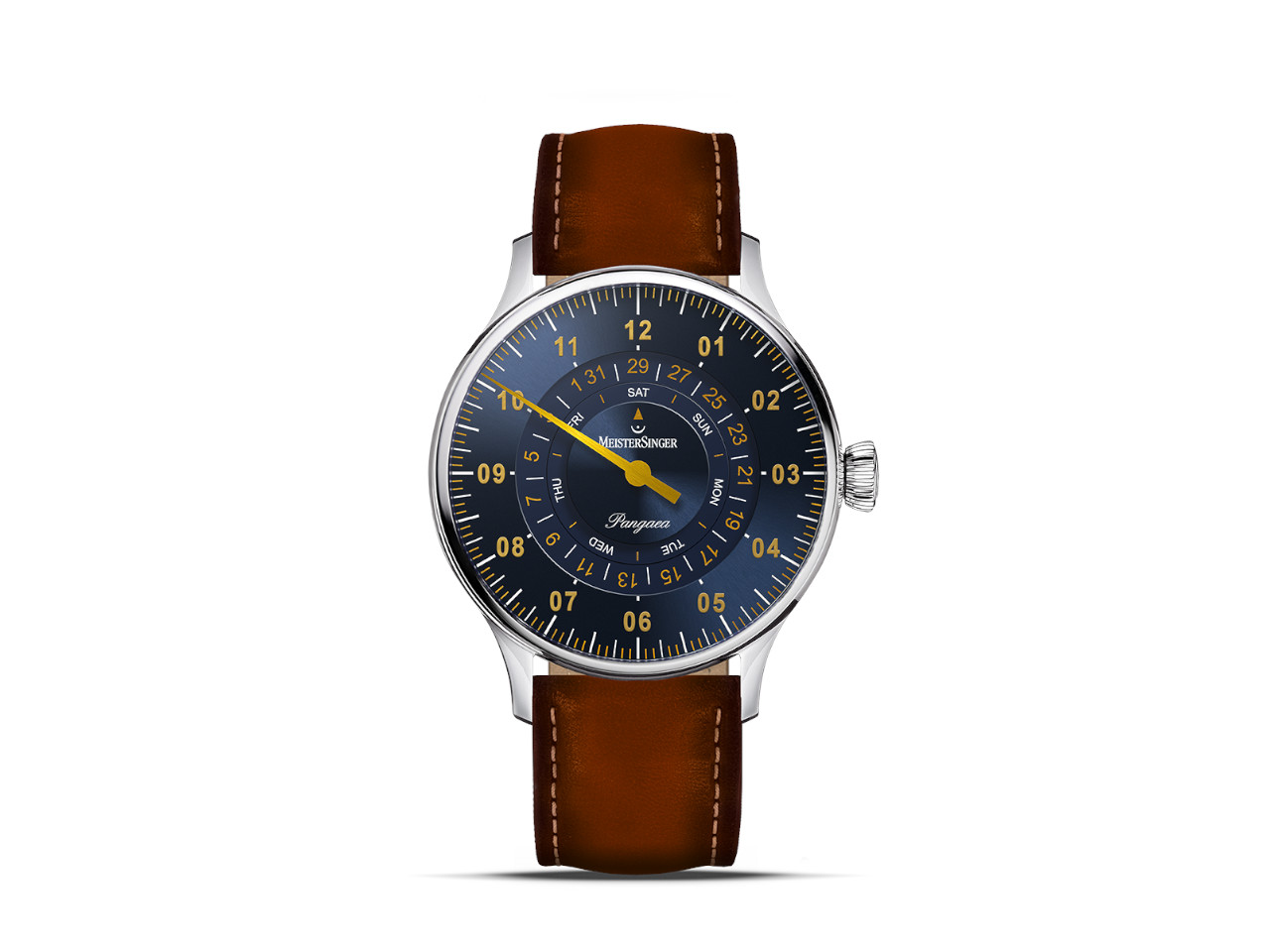 MeisterSinger Pangaea Day Date Automatik Edelstahl 40mm blaues Zifferblatt braunes Lederband