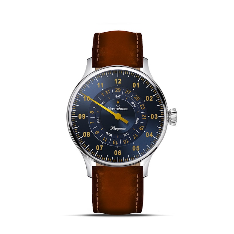 MeisterSinger Pangaea Day Date Automatik Edelstahl 40mm blaues Zifferblatt braunes Lederband