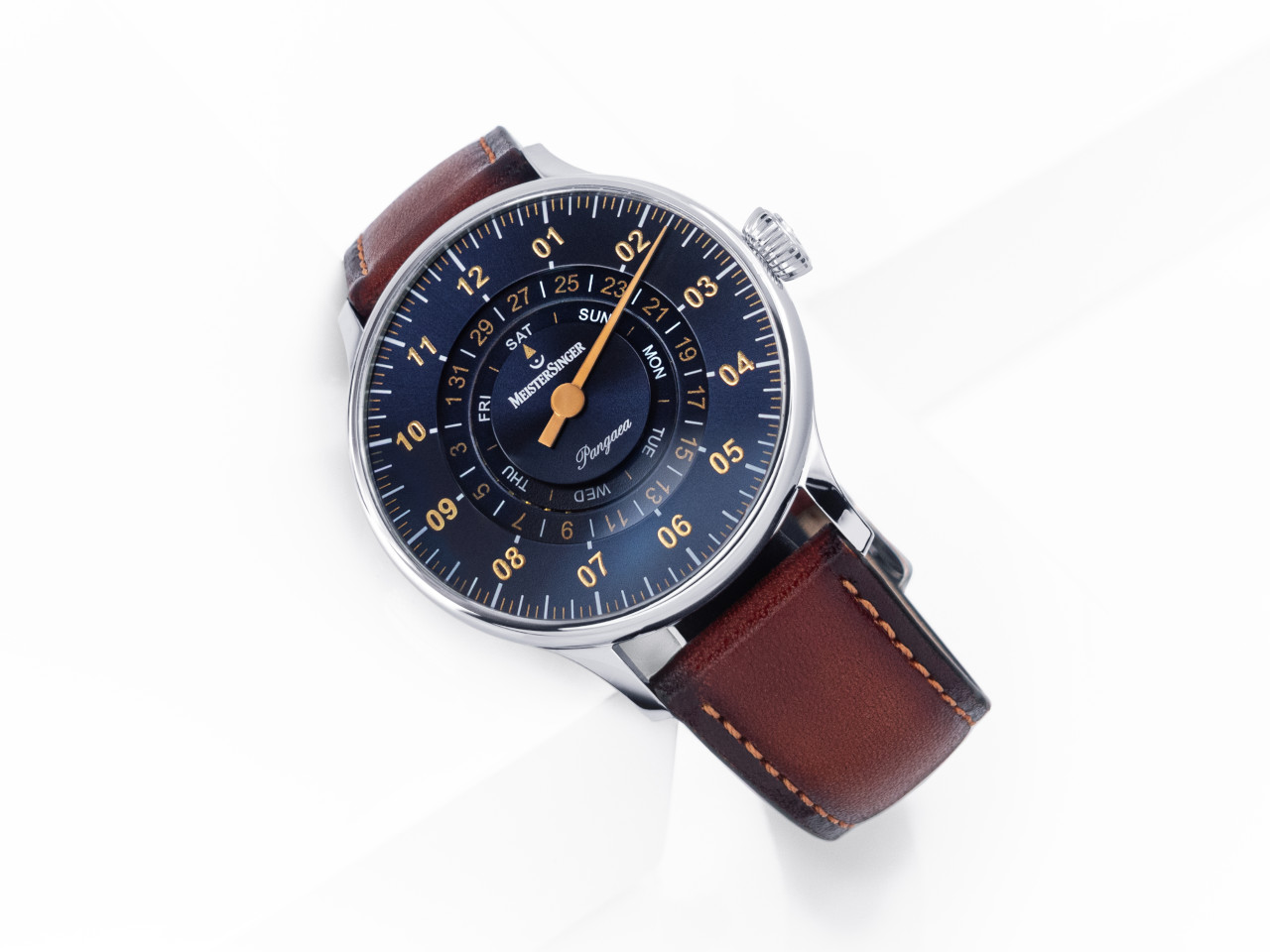 MeisterSinger Pangaea Day Date Automatik Edelstahl 40mm blaues Zifferblatt braunes Lederband Ansicht