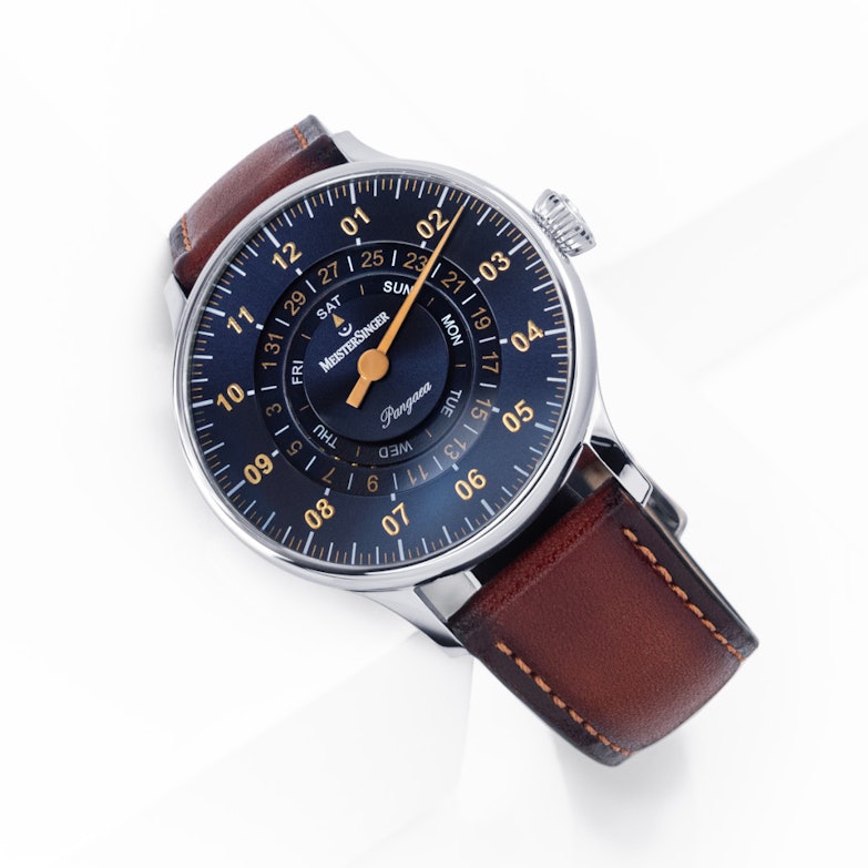 MeisterSinger Pangaea Day Date Automatik Edelstahl 40mm blaues Zifferblatt braunes Lederband Ansicht