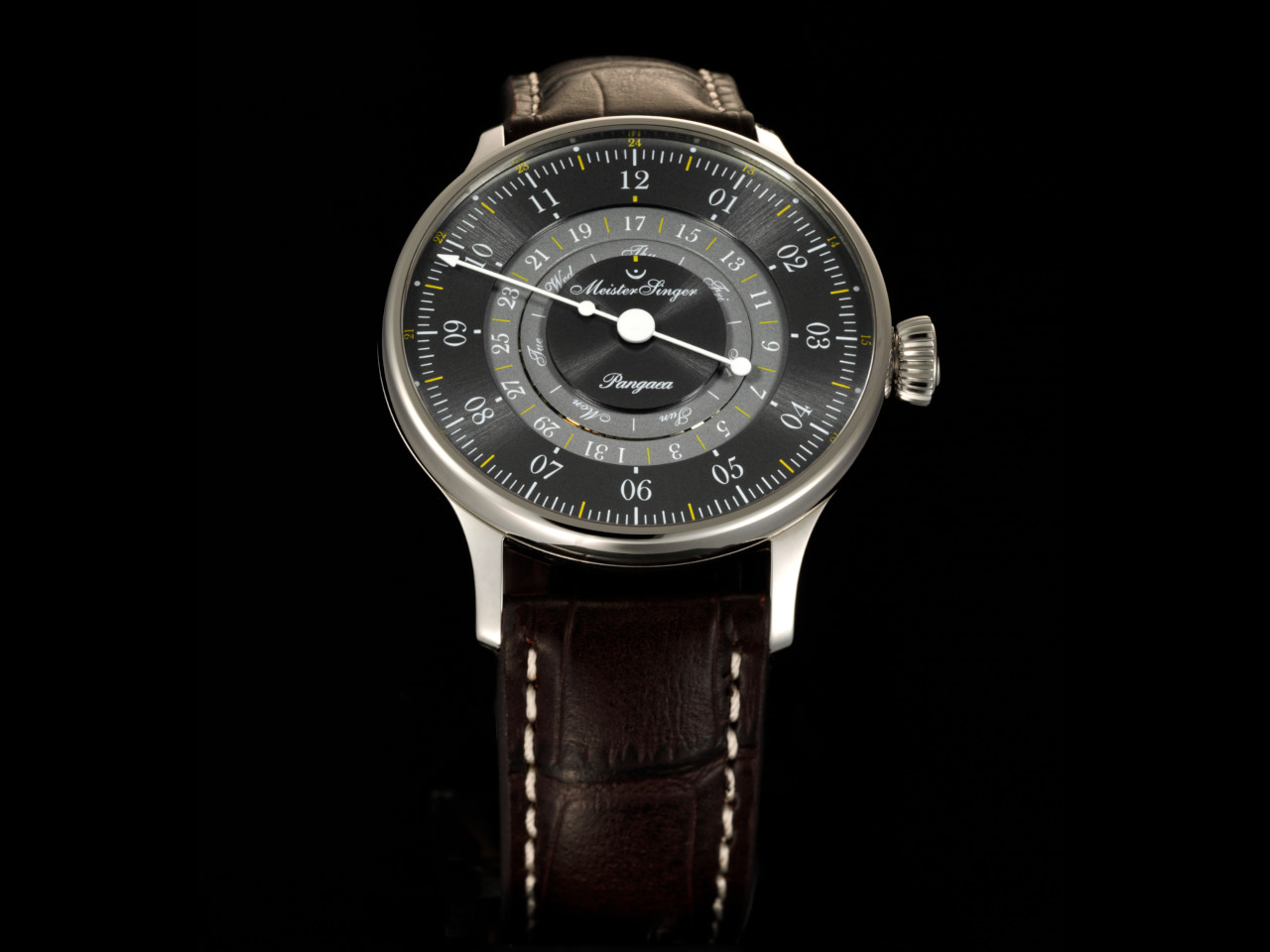 MeisterSinger Pangaea Day Date 365 Automatik Edelstahl 40mm graues Zifferblatt braunes Lederband Ansicht