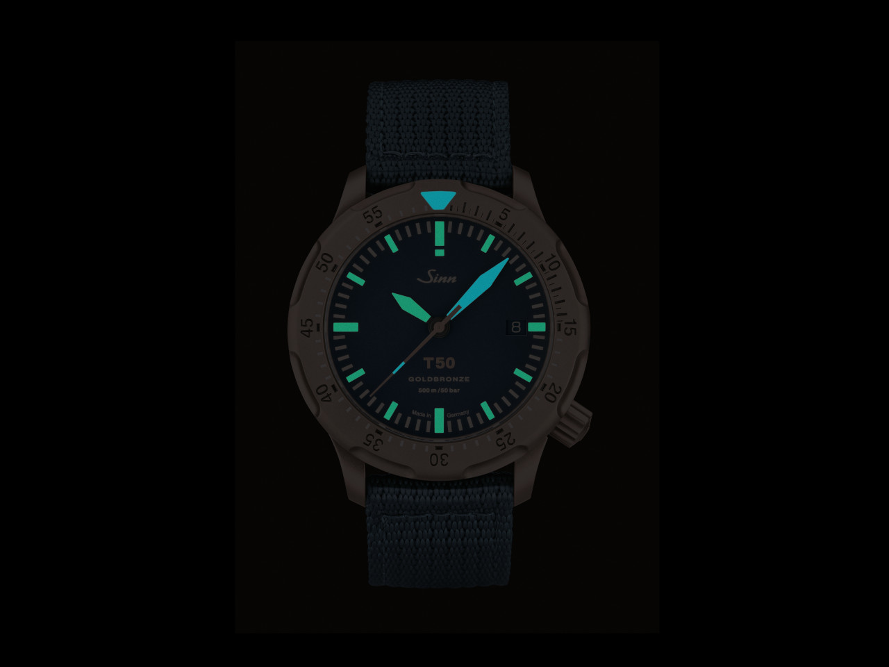 Sinn T50 GOLDBRONZE B Limited Edition Automatik Bronze 41mm blaues Zifferblatt blaues Textilband im Dunkeln
