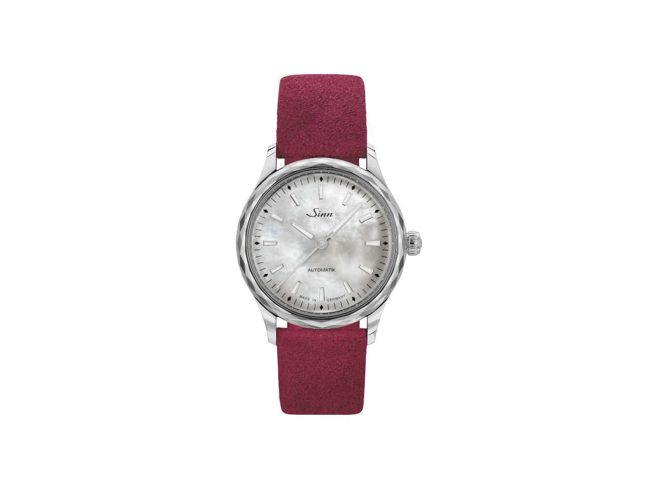 Sinn 534 Perlmutt W Automatik Edelstahl 34mm weißes Perlmutt-Zifferblatt beerenrotes Alcantara-Armband