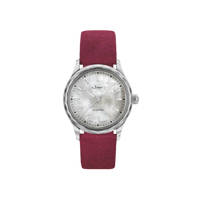 Sinn 534 Perlmutt W Automatik Edelstahl 34mm weißes Perlmutt-Zifferblatt beerenrotes Alcantara-Armband