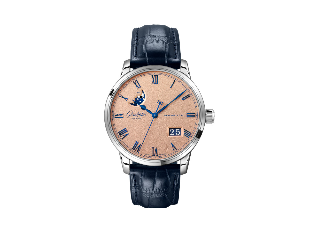 Glashütte Original Senator Excellence Panoramadatum Mondphase Automatik Edelstahl 40mm Frostkupfer Zifferblatt blaues Lederband
