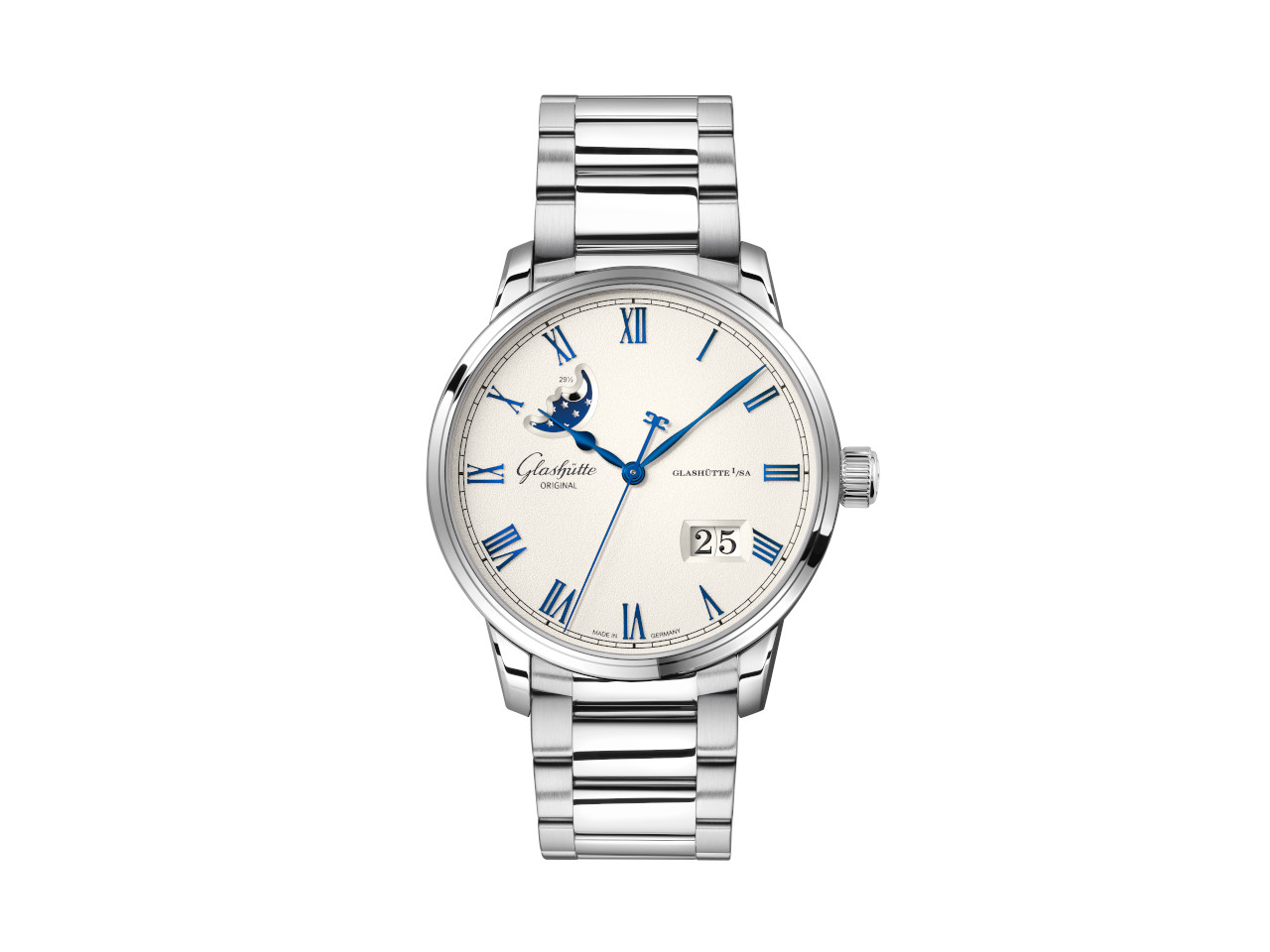 Glashütte Original Senator Excellence Panoramadatum Mondphase Automatik Edelstahl 40mm Frostsilber Zifferblatt Metallband