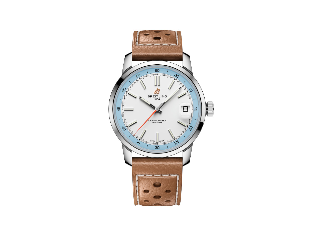 Breitling Top Time B31 Automatik Edelstahl 38mm weißes Zifferblatt braunes Lederband