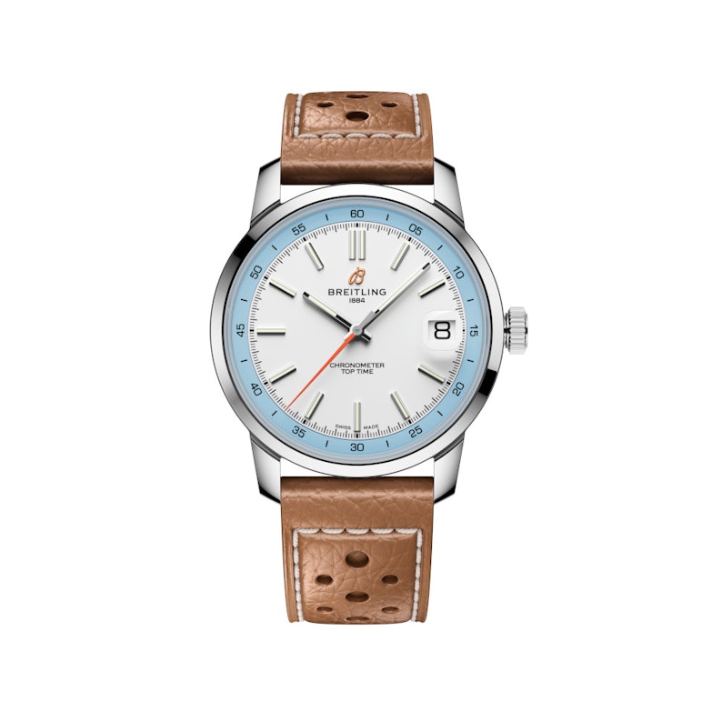 Breitling Top Time B31 Automatik Edelstahl 38mm weißes Zifferblatt braunes Lederband