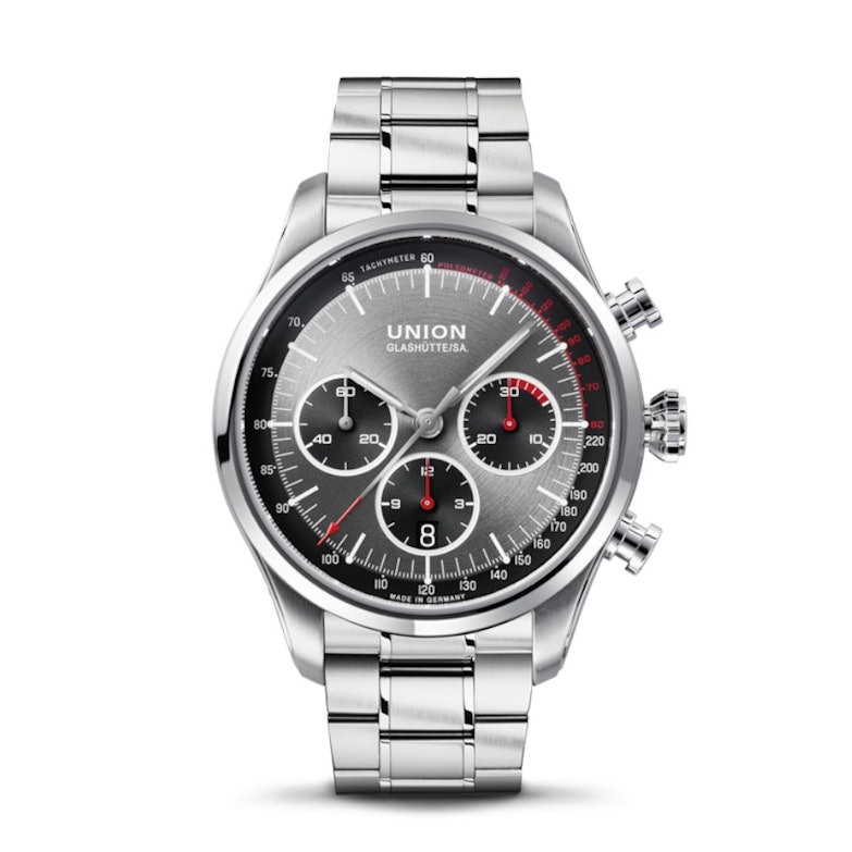 Union Glashütte Belisar Chronograph Automatik Edelstahl 44mm graues Zifferblatt Metallband