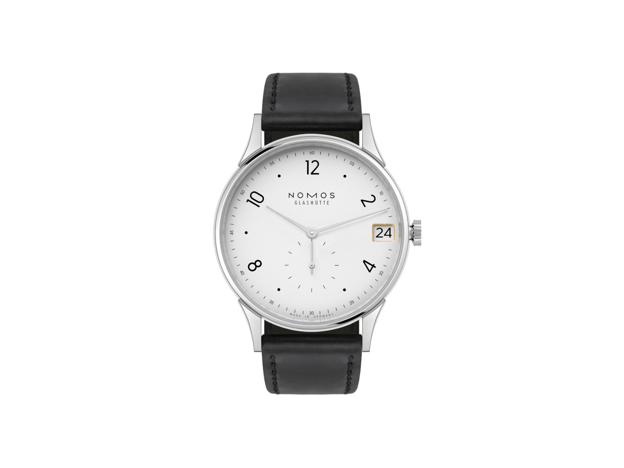 NOMOS Glashütte Minimatik 39 Datum Handaufzug Edelstahl weißes Zifferblatt schwarzes Lederband