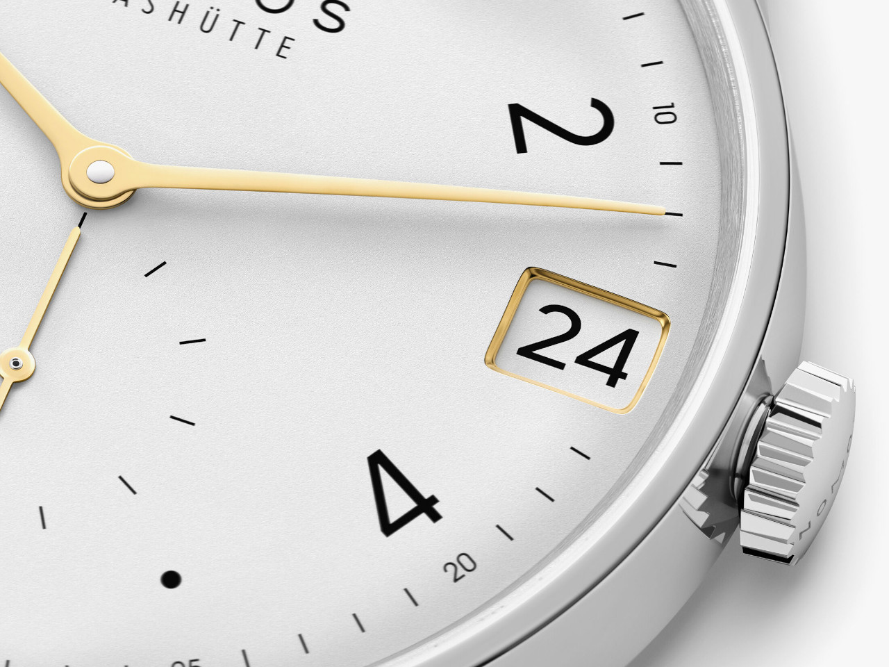 NOMOS Glashütte Minimatik 39 Datum Handaufzug Edelstahl weißes Zifferblatt