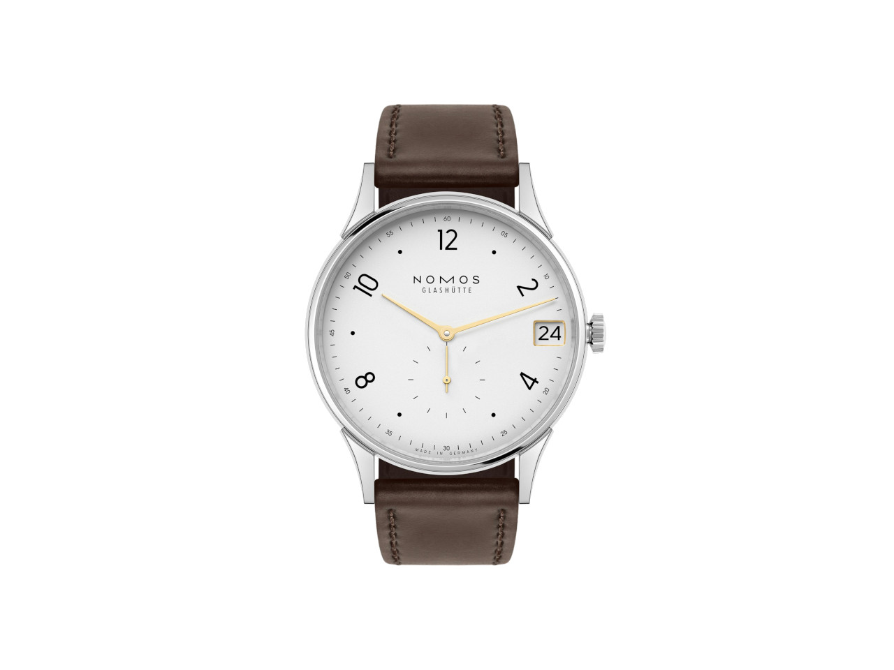 NOMOS Glashütte Minimatik 39 Datum Handaufzug Edelstahl weißes Zifferblatt braunes Lederband