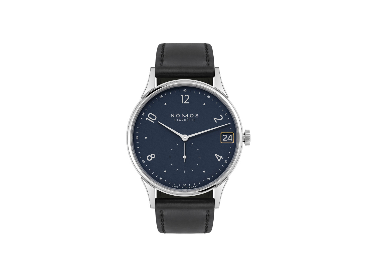NOMOS Glashütte Minimatik 39 Datum Handaufzug Edelstahl blaues Zifferblatt schwarzes Lederband