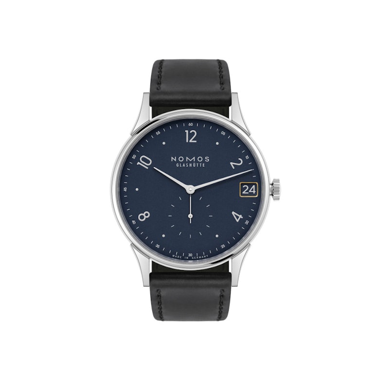 NOMOS Glashütte Minimatik 39 Datum Handaufzug Edelstahl blaues Zifferblatt schwarzes Lederband