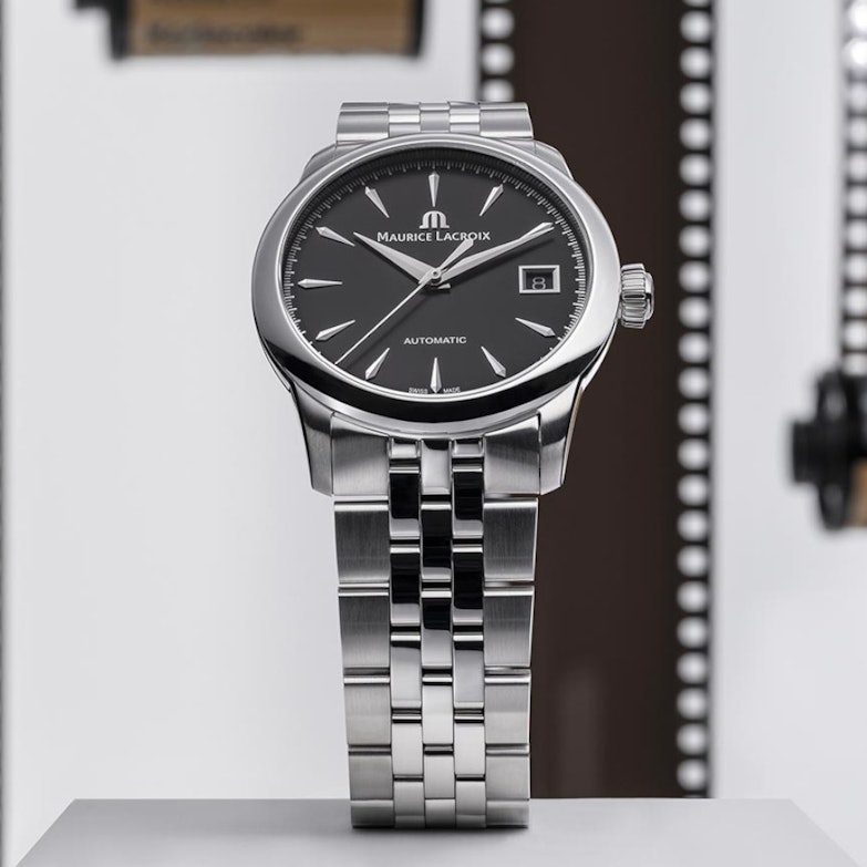 Maurice Lacroix 1975 Automatik Edelstahl 36mm schwarzes Zifferblatt Metallband