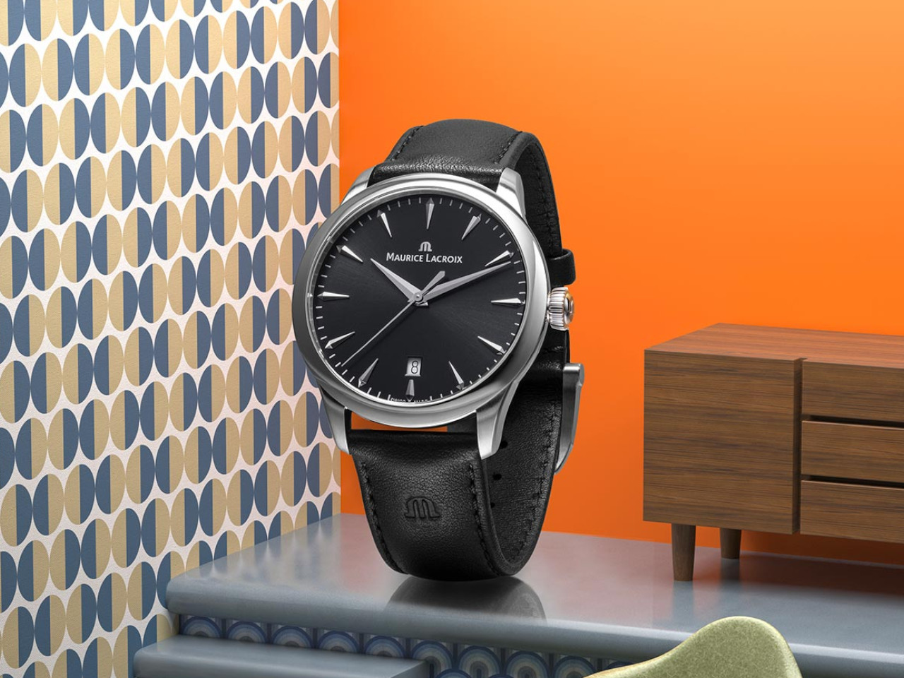 Maurice Lacroix 1975 Automatik Edelstahl 40mm schwarzes Zifferblatt schwarzes Lederband