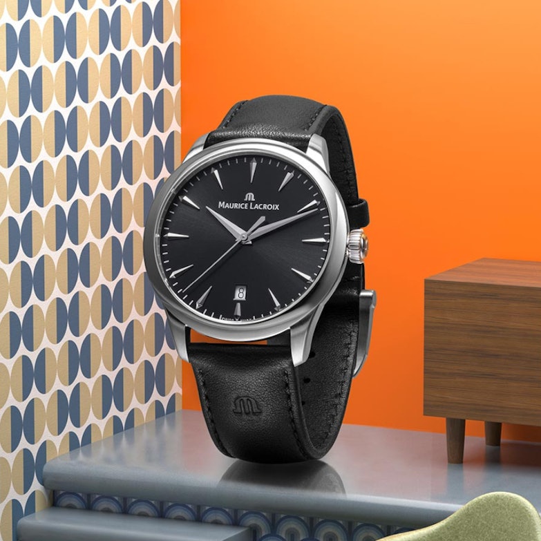 Maurice Lacroix 1975 Automatik Edelstahl 40mm schwarzes Zifferblatt schwarzes Lederband