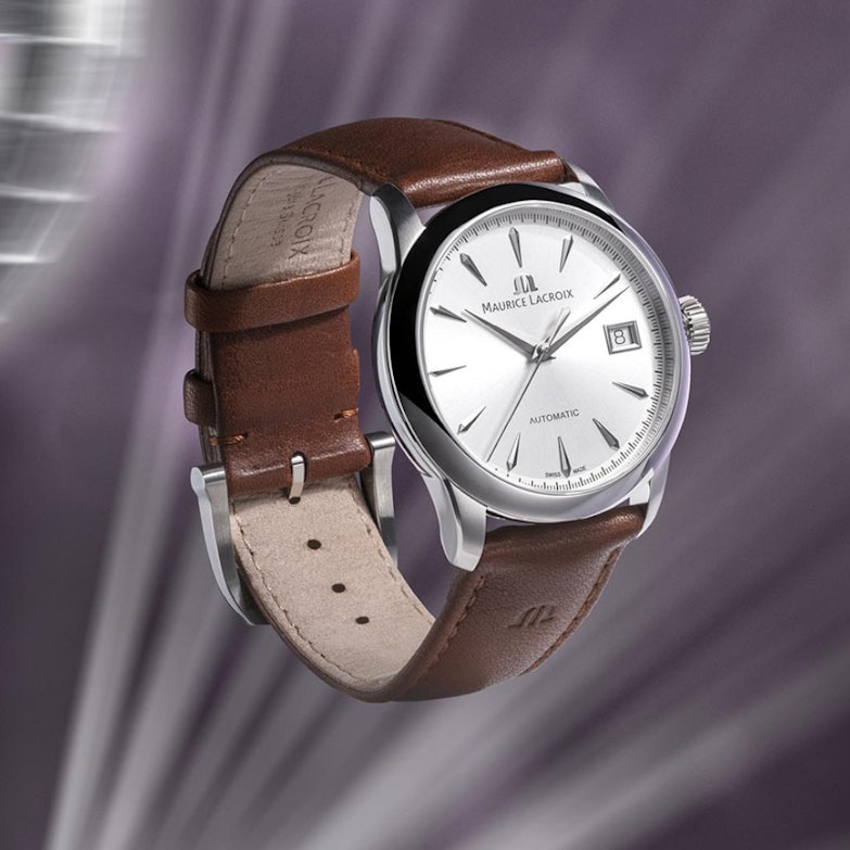 Maurice Lacroix 1975 Automatik Edelstahl 36mm silberfarbenes Zifferblatt braunes Lederband